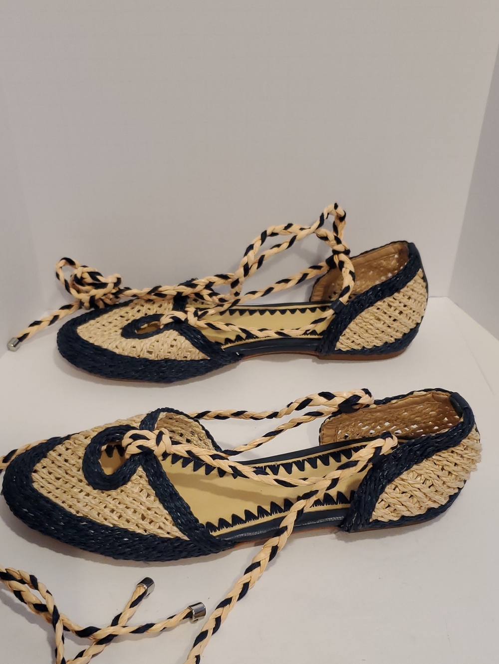 Schutz Jessel Flat Sandal Navy and Tan Straw Flats Size 6B - Picture 6 of 10